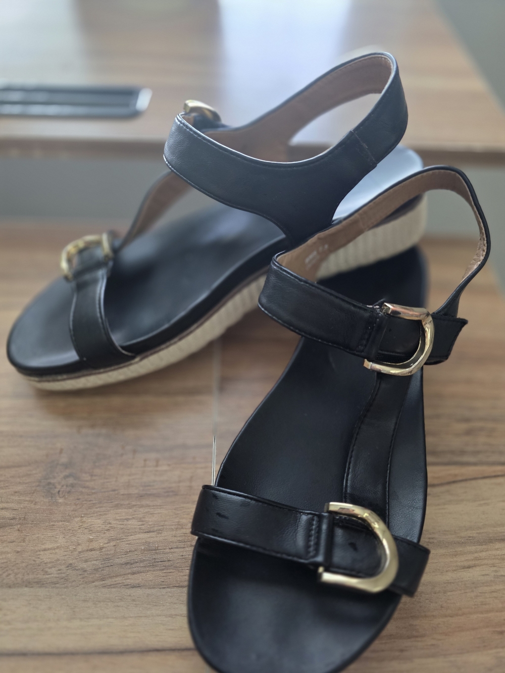 DV By Dolce Vita Black Wedge Sandals with Gold Buckles - Women